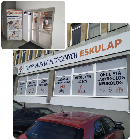 Kolaż zdjęć przedstawiających wejście do budynku przychodni